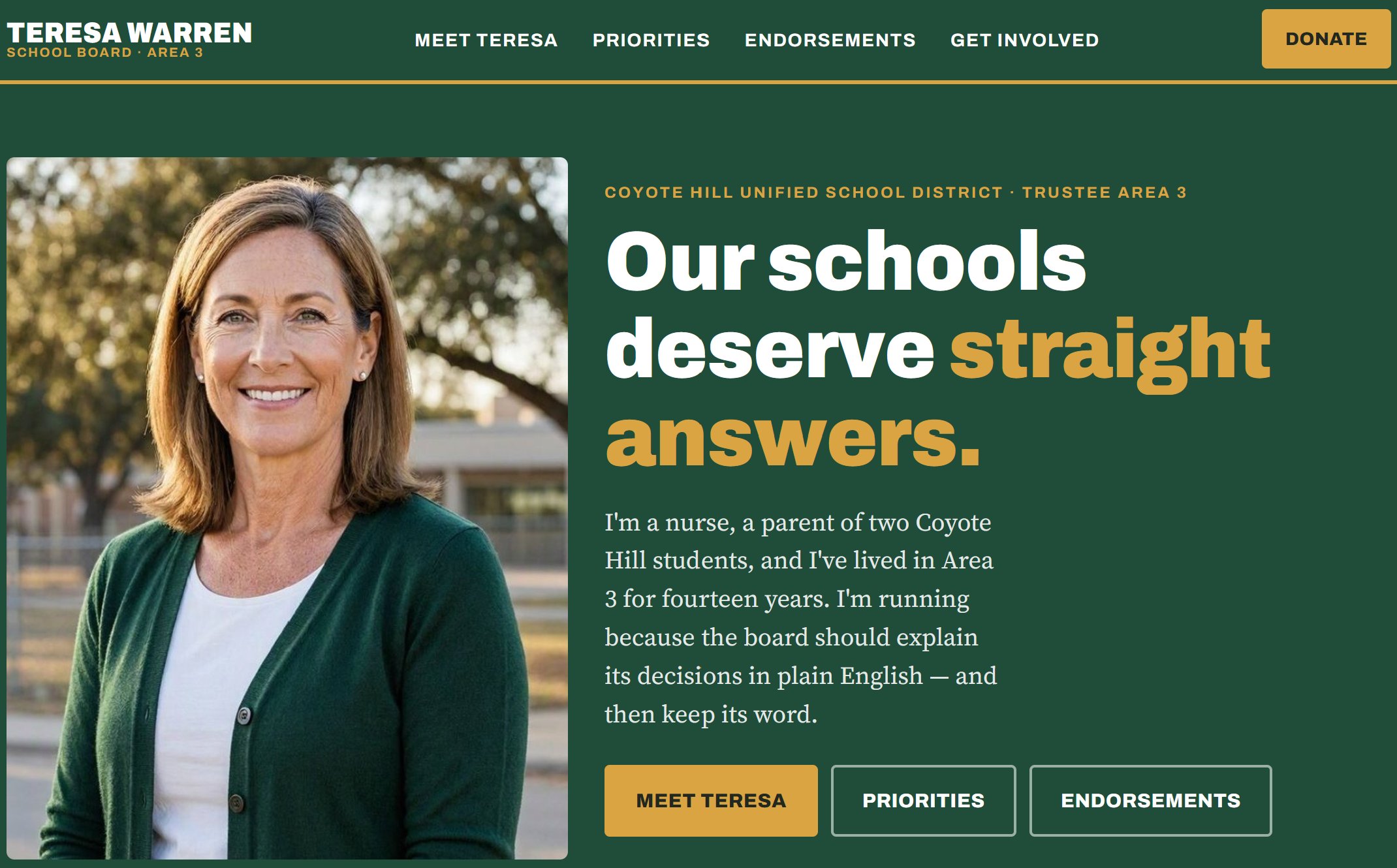 Sample school-board campaign site: Teresa Warren for Coyote Hill USD Trustee Area 3